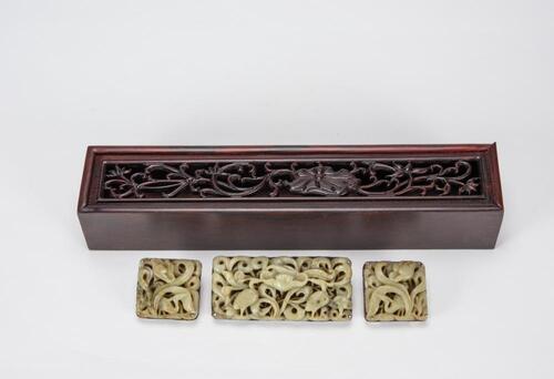 Ming - A Celadon White Jade Carved 'Lotus And Crane' Beltbuckle (3 Ps)