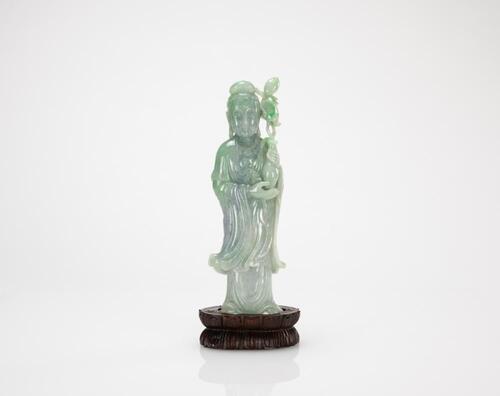 Republic-A Apple Green Jadeite Carved Guan Yin (woodstand)