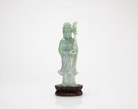 Republic-A Apple Green Jadeite Carved Guan Yin (woodstand)