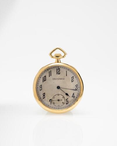 Patek Philippe, 18K Yellow Gold Open Face Pocket Watch With Gold Chain And Leather Case