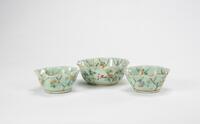 Late Qing-A Three Turquoise Ground Octagon Shape Famllie Glazed Bowls.