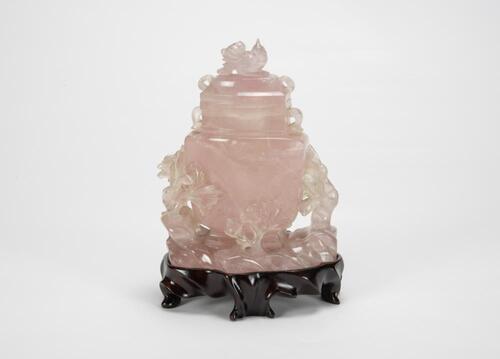 Republic- A Pink Crystal Carved Peony And Cover Vase With Woodstand