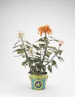 Republic- A Jade And Hard Stone Chrysanthemum In A Cloisonne Enamel Jardiniere