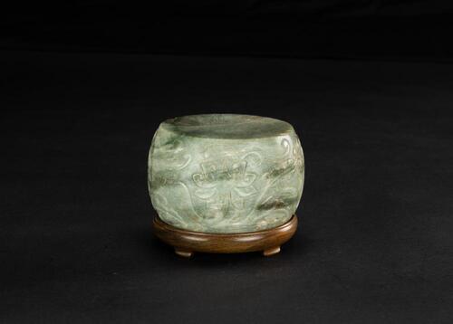 Late Qing - A Green Jade Carved Flower Papper Weight, Woodstand