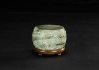 Late Qing - A Green Jade Carved Flower Papper Weight, Woodstand