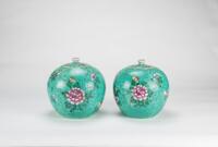 Late Qing - A Pair Of Turquoise -Ground Famille-Glazed Flowers Cover Jars