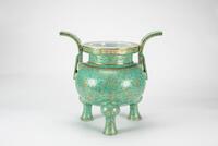 Qing - A Lime Green Ground Gilt- Painted 'Babao' Tripod Porcelain Censer H: 35 W: 38