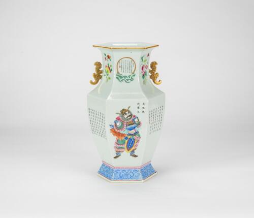 Daoguang - A Famille-Glazed Hexagonal Warriors And Poetry Vase