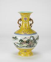 Republic - A Yellow Ground Famille-Glazed Printed Landscape Double Handle Vase