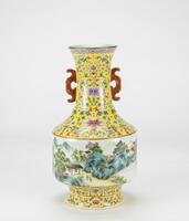 Republic - A Yellow Ground Famille-Glazed Landscape Double Handle Vase.