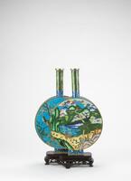 Qing-A Cloisonne Enamel Deer & Crane Double Moonflask (woodstand)