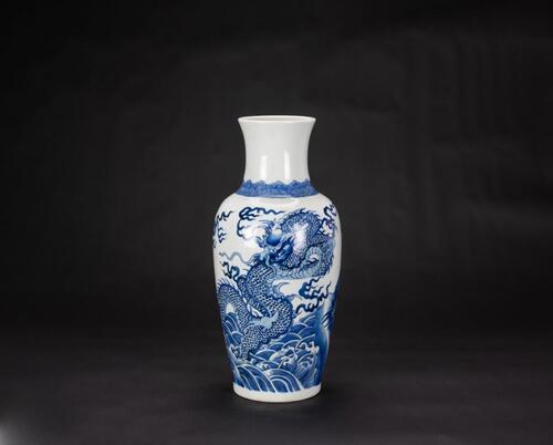 Qing - A Blue And White "Double Dragon Chase Pearl" Vase. (leaf ) Mark