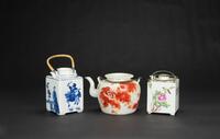 Late Qing - 1) A Famille - Glazed Wine Warmer. 2) A Blue And White Wine Warner. 3) A Iron - Red �Lion� Teapot.
