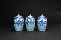20th Century - A Group Of Three Blue And White Jars And Covers