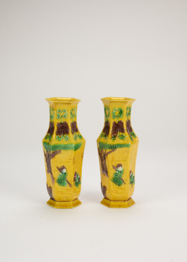 Qing-A Pair Of Yellow Ground Glazed Sancai Hexagon �Eight Immortals� Vases