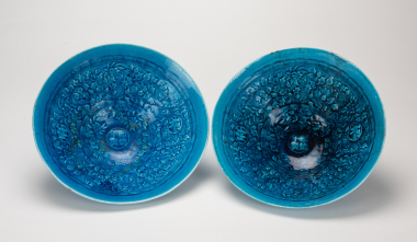 Early 20th Century-A Pair Of Blue Glazed Mold Flower Bowls.