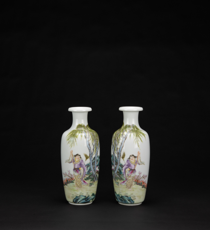 Republic-A Pair Of Famille Glazed �Liu Hai and Toad� Vases.