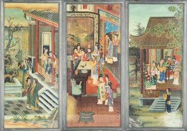 Late Qing/Republic-A Three Hanging Wood Frame Glass Painting (Hong Lou Meng)