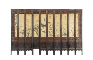 Qing - A Hardwood Carved’ Eight Immortals,Fu,Shou,’ Insert With Eight Painting And Calligraphy Screen