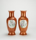 Republic - A Pair Of Coral Red Ground’Flowers And Birds’ Vases - 3