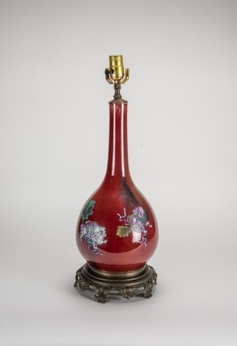 Qing - A Lang Yao Red Glazed With Famille - Rose ‘Lions’ Bottle Vase Lamp