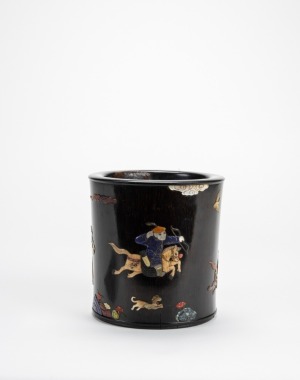 Qing - A Zitan Insert Gems ‘Qianlong Hunting’ Brushpot