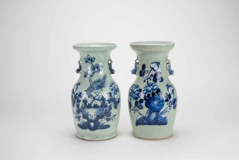 Late Qing/Republic - A Light Green Ground Blue Glazed ‘Flowers’ Vases (2 pcs)