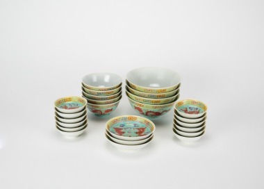 Late Qing/Republic - A Group Total Of 24 Famille Glazed Green Ground ‘Dragon’Bowls