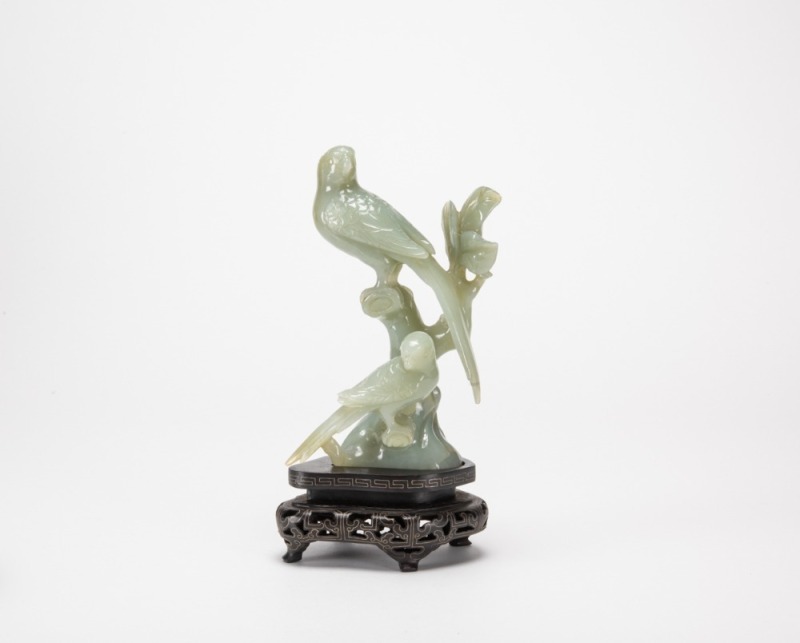 Early 20th Century - A Green White Jade Carved Parrots (Woodstand)