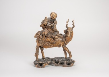 Qing - A Root Carved ‘Figure And Deer’ Statue