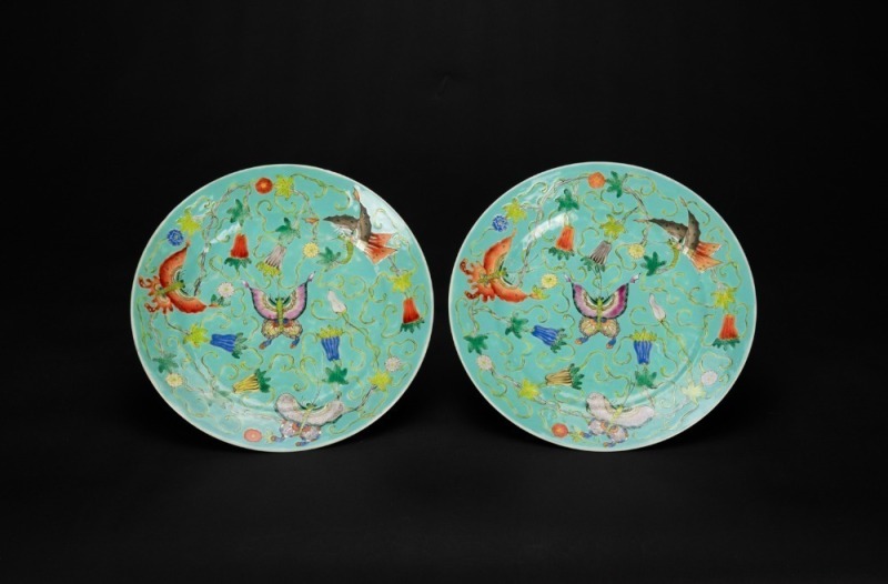 Late Qing - A Pair Of Teal Green Ground ‘Butterfly’ Dishes