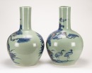 Republic - A Pair Of Light Green Ground Iron Red UnderGlaze Blue ‘Pine, Crane, Lingzhi, Sunrise’ Tianqiu Ping Vases - 4