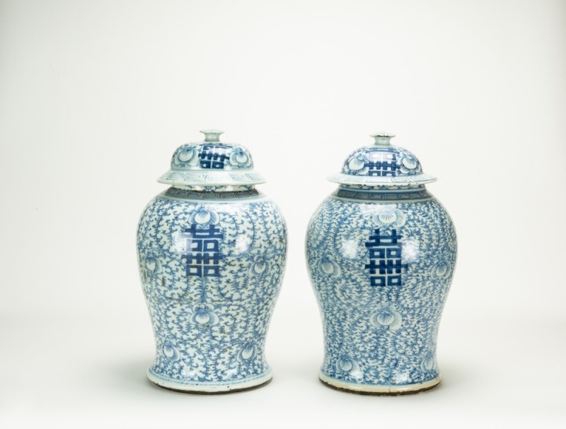 Late Qing/Republic - A Pair Of Chinese Procelain Blue And White Double Happiness Jars And Cover &lsquo;Cheng HuaNain Zhi&rsquo; Mark