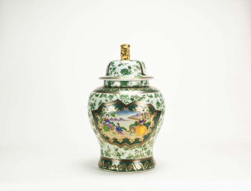 Early 20th Century - Chinese Famille- Glazed Gilted Green Flowers Medallion &lsquo;Figures&rsquo; Ginger Jar And Cover