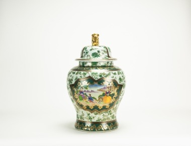 Early 20th Century - Chinese Famille- Glazed Gilted Green Flowers Medallion ‘Figures’ Ginger Jar And Cover