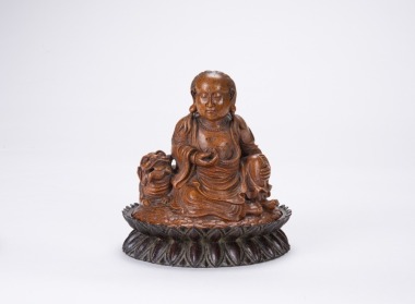 Qing - A Bamboo Carved Manjushri And Lion With Zitan Wood Carved ‘Lotus’ Stand