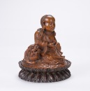 Qing - A Bamboo Carved Manjushri And Lion With Zitan Wood Carved &lsquo;Lotus&rsquo; Stand - 2