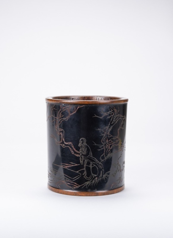 Qing - Wang Su (1794 - 1877) A Black Lacquer With Color Carved&rsquo; Beauty Under Moon&rsquo; Brush Pot