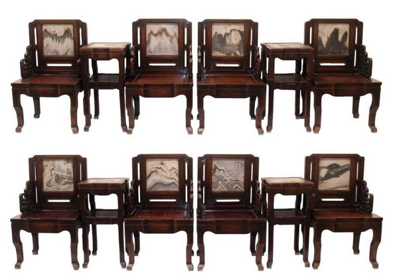 Qing - A Set Of Mahogany Marble - Inlaid Armchairs And Stands