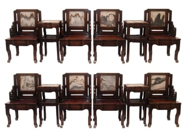 Qing - A Set Of Mahogany Marble - Inlaid Armchairs And Stands