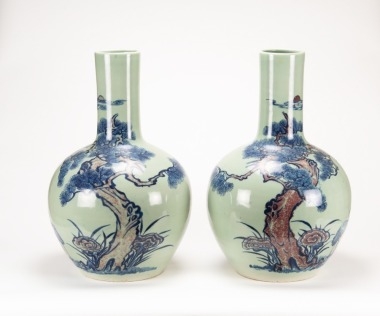 Republic - A Pair Of Light Green Ground Iron Red UnderGlaze Blue ‘Pine, Crane, Lingzhi, Sunrise’ Tianqiu Ping Vases
