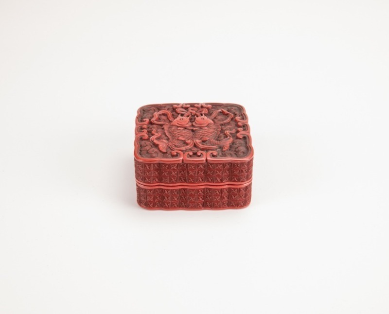 18th Century - A Carved Red Lacquer ‘Double Koi Fishes’ Cover Box