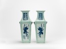 Late Qing - A Pair Of Light Green Ground Blue And White ‘Figures’ Vase