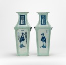 Late Qing - A Pair Of Light Green Ground Blue And White ‘Figures’ Vase - 5