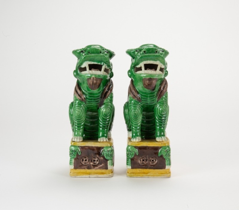 Guangxu-A Pair Of Verte Sancai Green Ground Lions Statues