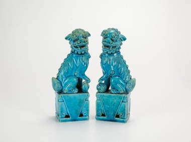 Guangxu - A Pair Of Teal Blue Lions Statues