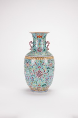 Qing-A Turquoise Ground Famille-Rose ‘Fu Shou’ Vase.
