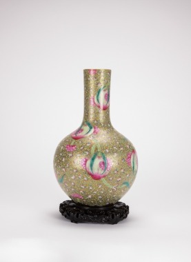 Qing-A Gloden Glazed Ground Famille-Rose ‘Nine Peaches’ Vase.