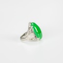 A Translucent Cabochon Jadeite Ring Mounted With 14K White Gold And Diamonds - 3