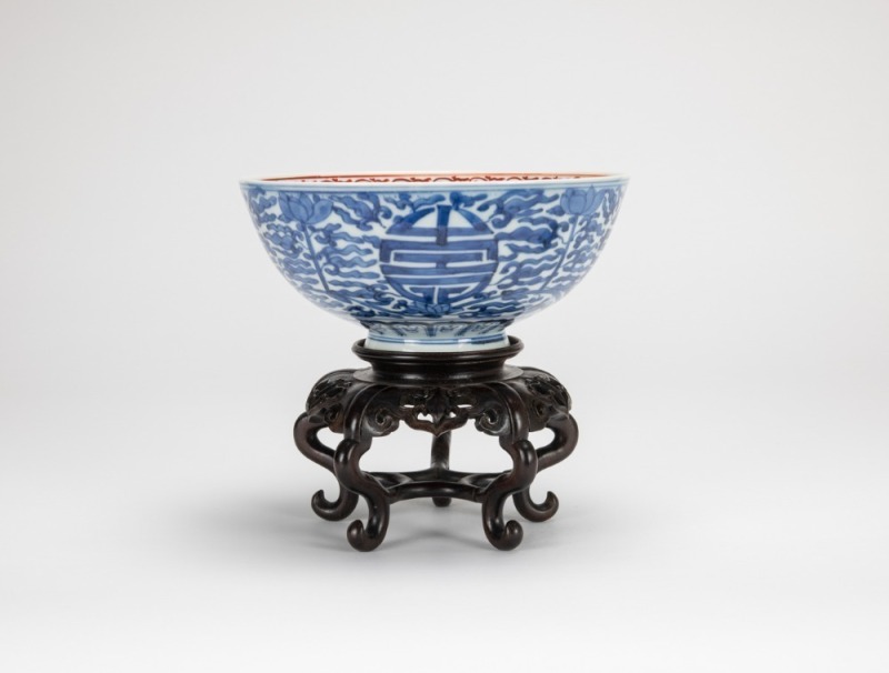 Qing-A Blue And White &lsquo;Shou&rsquo; Exterrior,Famille- Glazed &lsquo;Florals&rsquo;Interrior Bowl.
